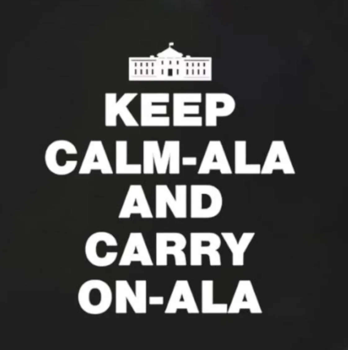 A black background features a white silhouette of the White House at the top, followed by bold white text that reads 'KEEP…