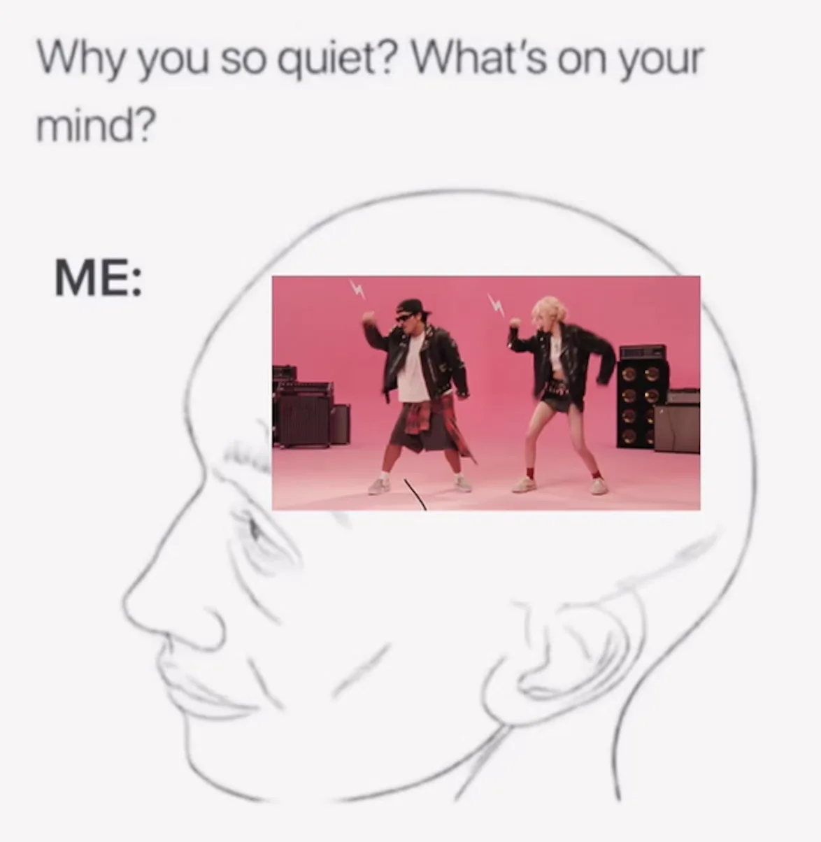 A sketch of a human head in profile contains an inset image of two people dancing energetically in front of amplifiers…