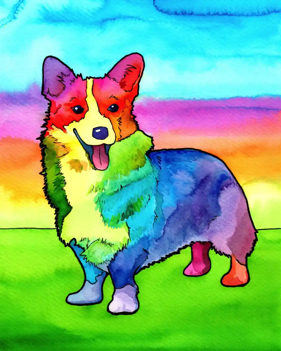 A watercolor painting of a corgi dog standing on green grass with a rainbow-colored sky behind it. The dog's fur is painted…