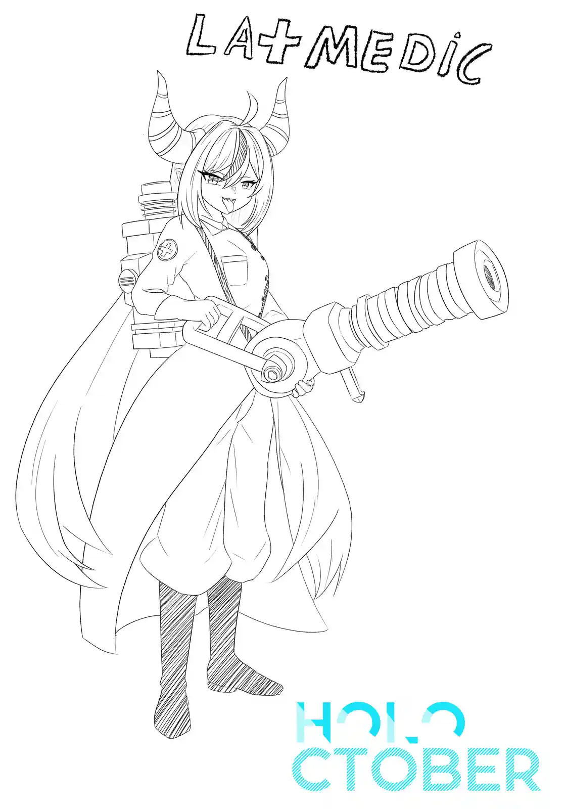 A black-and-white line art drawing of an anime-style female character with horns, wearing a medical coat with a cross emblem…