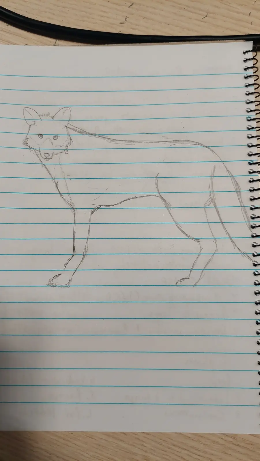 A simple pencil sketch of a dog-like animal on blue-lined notebook paper, drawn with minimal detail and visible pencil…