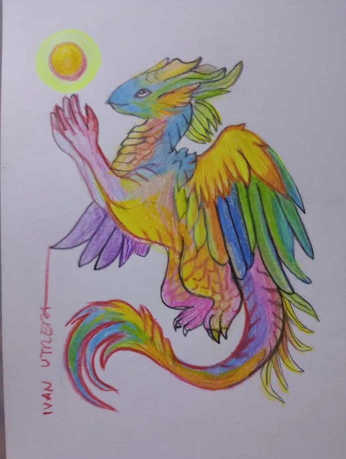 A colorful, rainbow-hued dragon-like creature with wings and a long tail is depicted reaching up with one hand toward a…