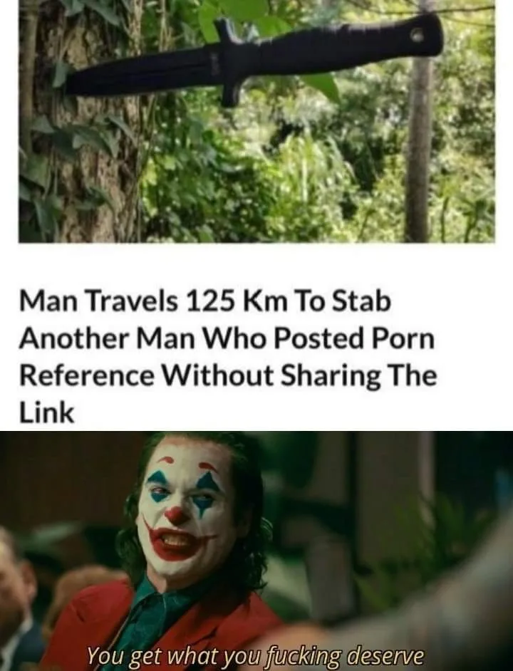 The top panel shows a black tactical knife stuck in a tree in a jungle setting. The bottom panel features the Joker from the…