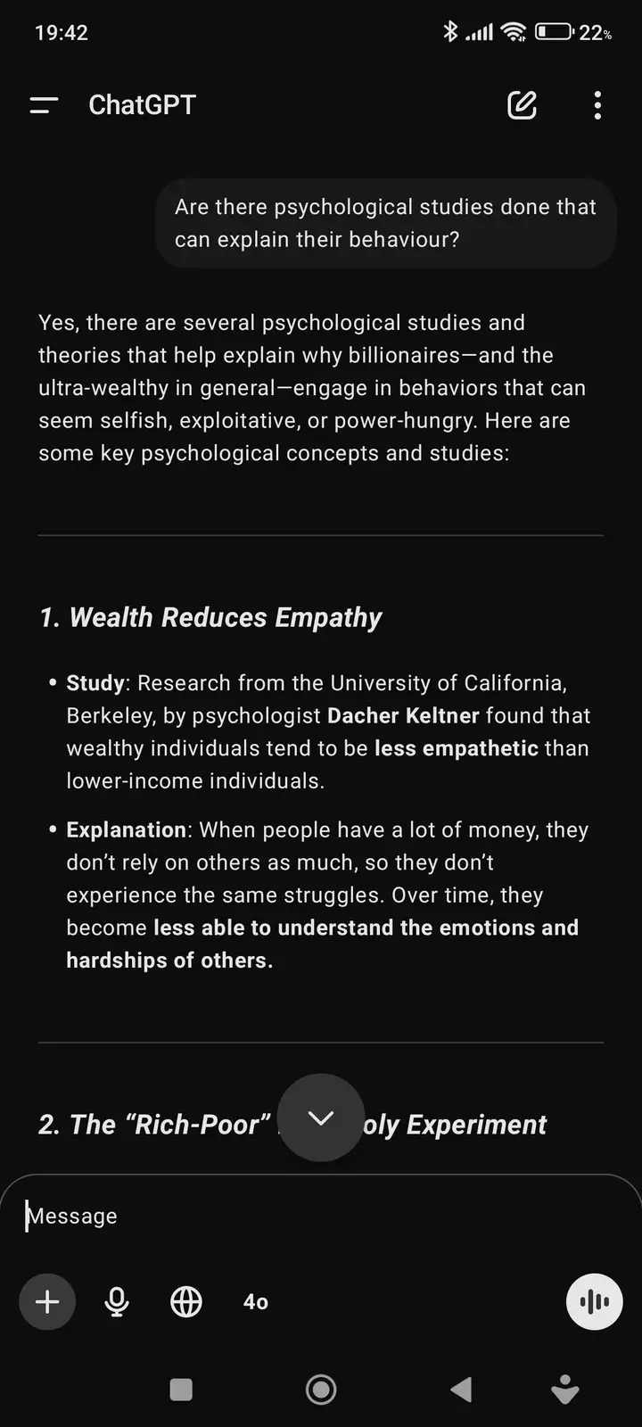 A screenshot of a ChatGPT conversation where a user asks about psychological studies explaining billionaire behavior. The AI…
