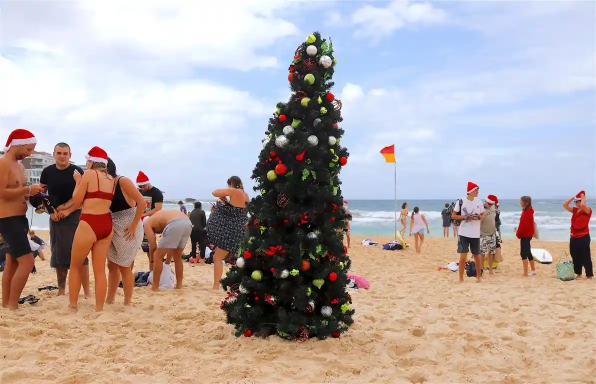 A decorated christmas tree stands on a sandy beach with people in swimsuits and santa hats around it, some looking at the…