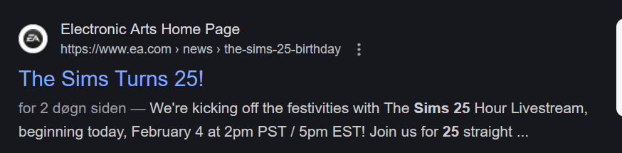 A screenshot of an Electronic Arts social media post celebrating 'The Sims Turns 25!' The post announces a 25-hour…