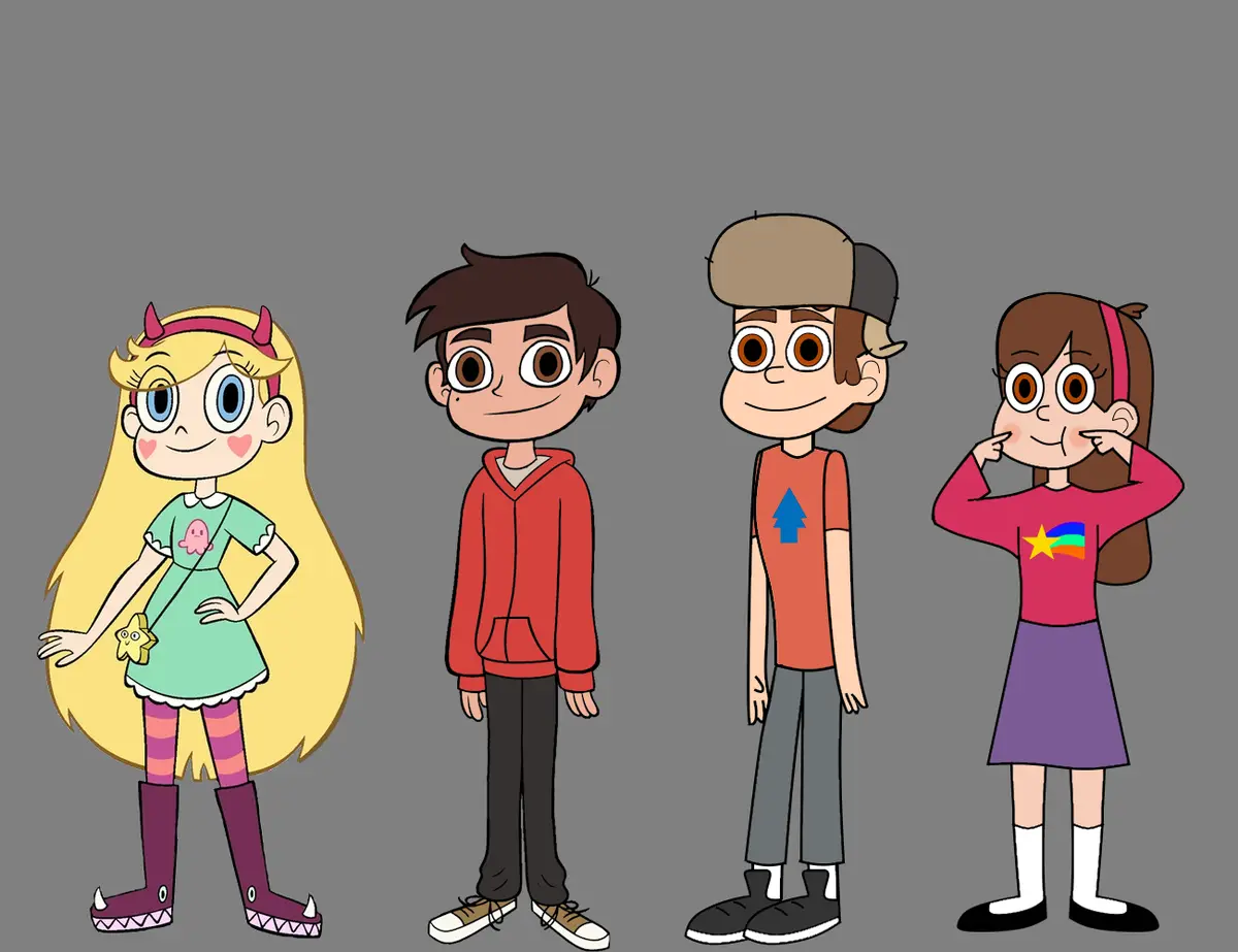 Four animated characters from 'Star vs. the Forces of Evil' stand side-by-side against a plain gray background. From left to…