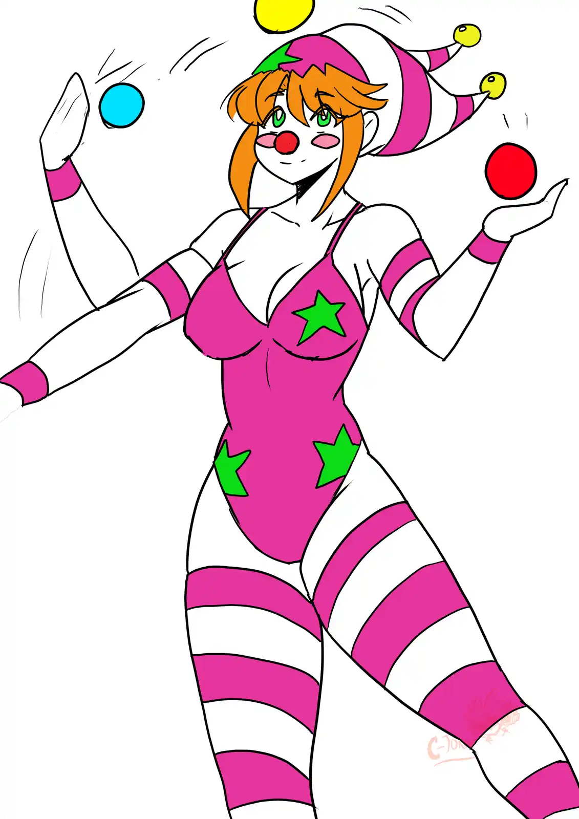 A cartoon woman with orange hair and green eyes wears a pink and white striped jester outfit with green stars, a red nose…