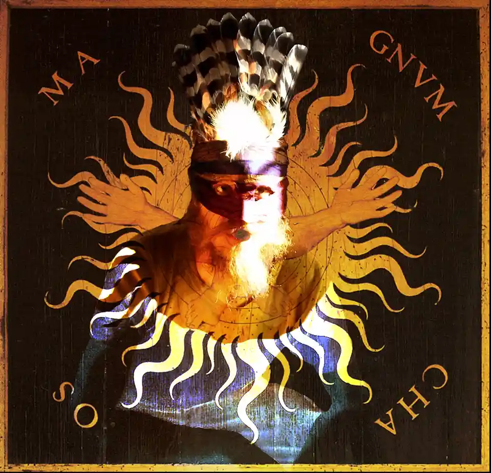 A digitally altered image shows a man with a long beard and feathered headdress superimposed over a stylized sunburst design…