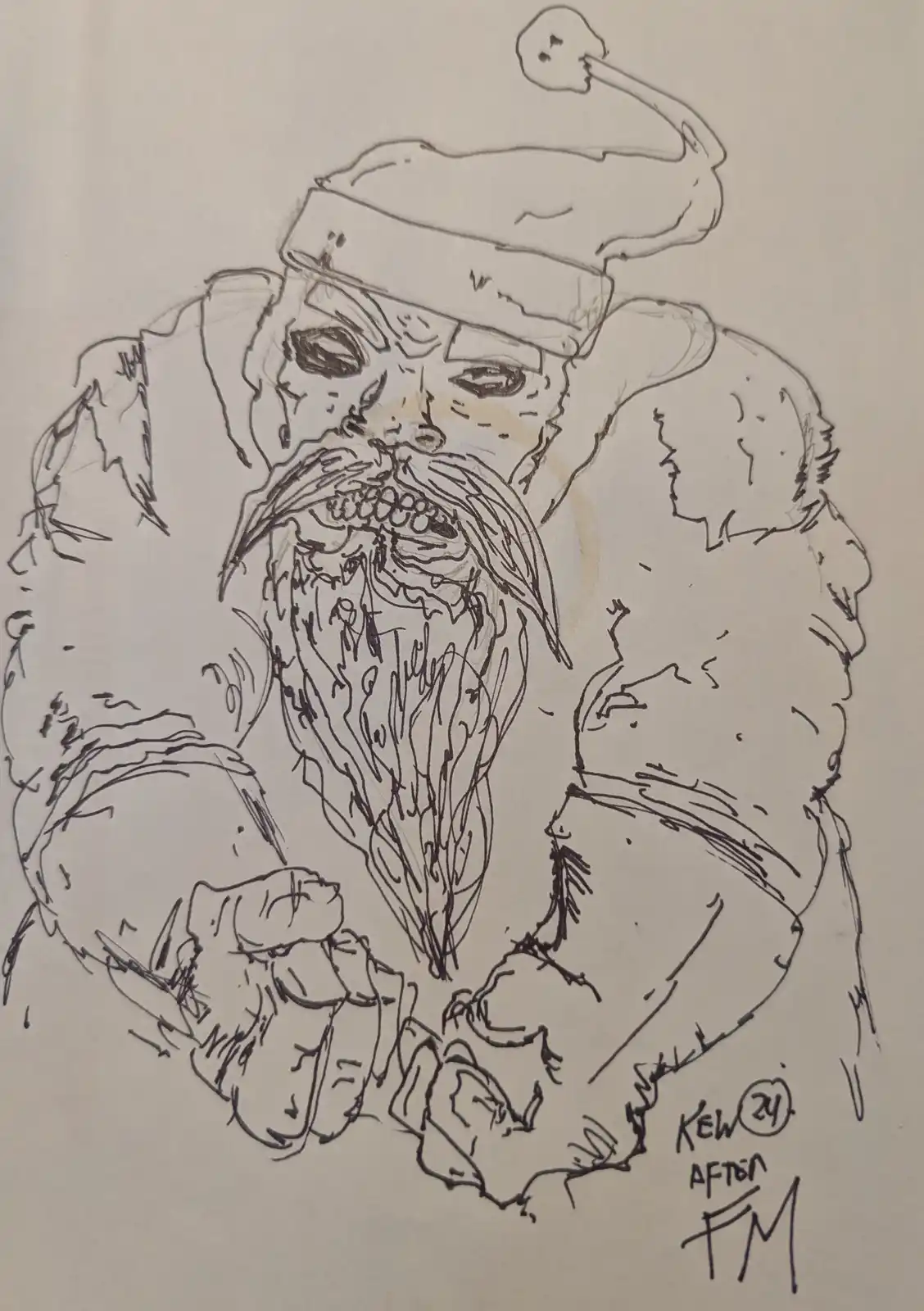 A black-and-white sketch depicts a stern-faced, bearded man wearing a hat with a skull on top, surrounded by several…