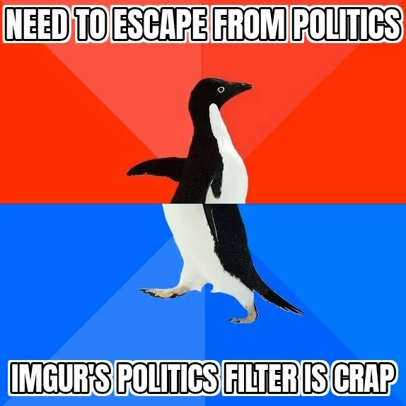 A penguin stands in the center of the image, split by a red and blue background. The top text reads 'NEED TO ESCAPE FROM…