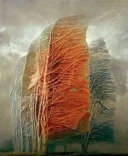 A surreal, painterly image shows three towering, stylized tree-like forms against a cloudy sky. The central tree is vividly…
