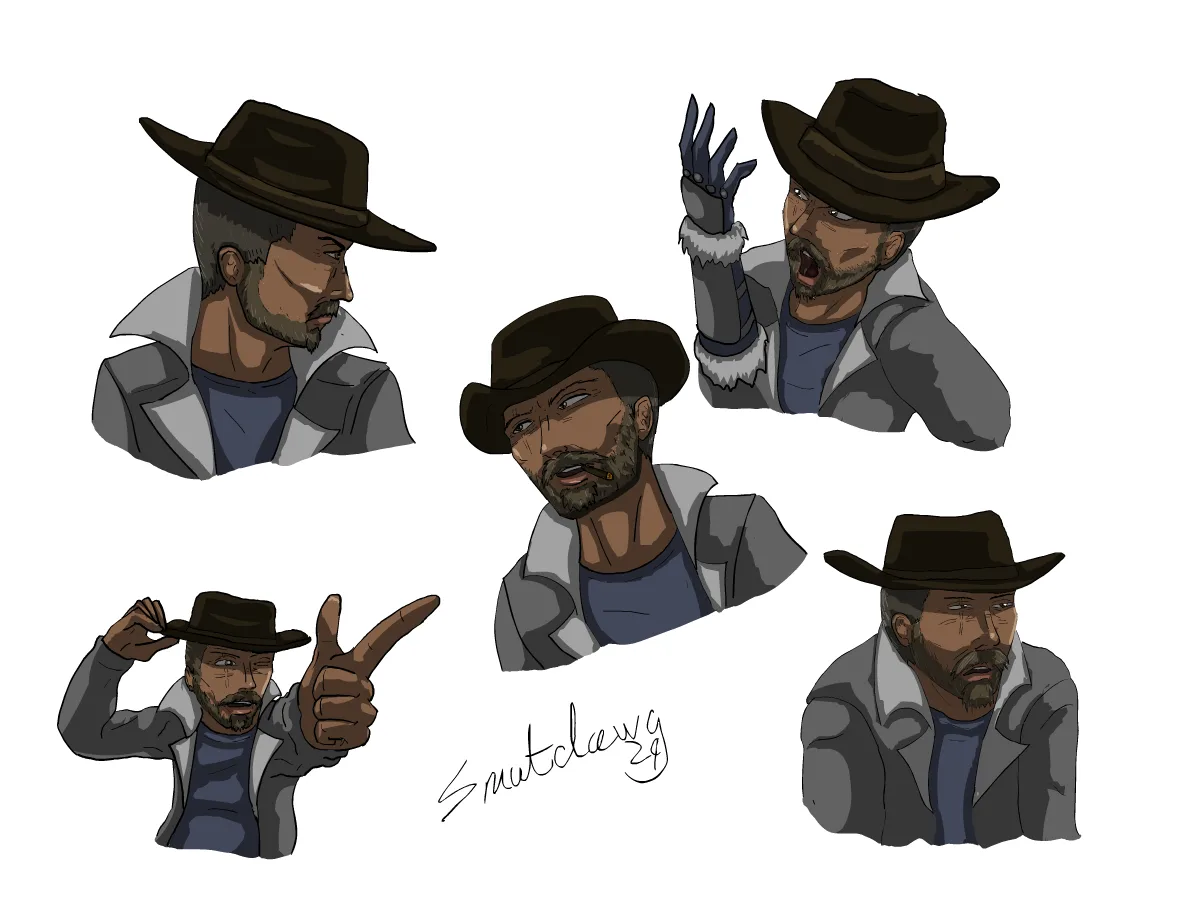Five illustrated busts of a bearded man in a cowboy hat and grey jacket show different expressions: looking away, shouting…