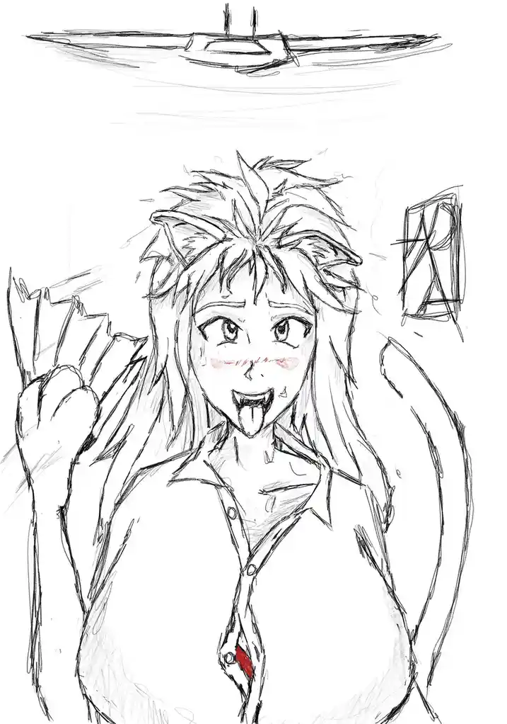 A sketch-style anime drawing shows a person with spiky hair, cat ears, and a devilish grin, sticking out their tongue and…