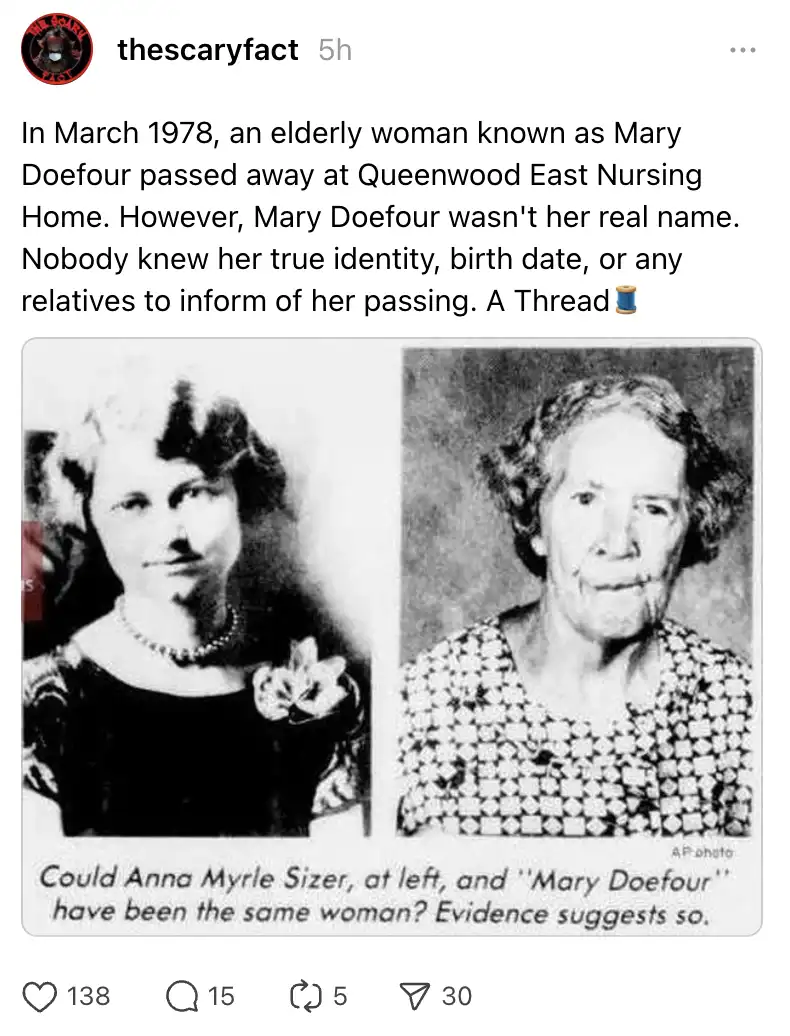 A black-and-white photo shows two women side-by-side: a younger woman on the left wearing a dark dress with a pearl necklace…