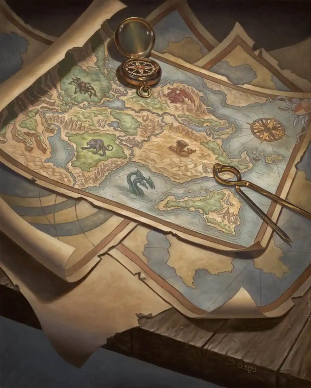 An ornate, fantasy-style map of a landmass with rivers, mountains, and mythical creatures like dragons and a lion is spread…