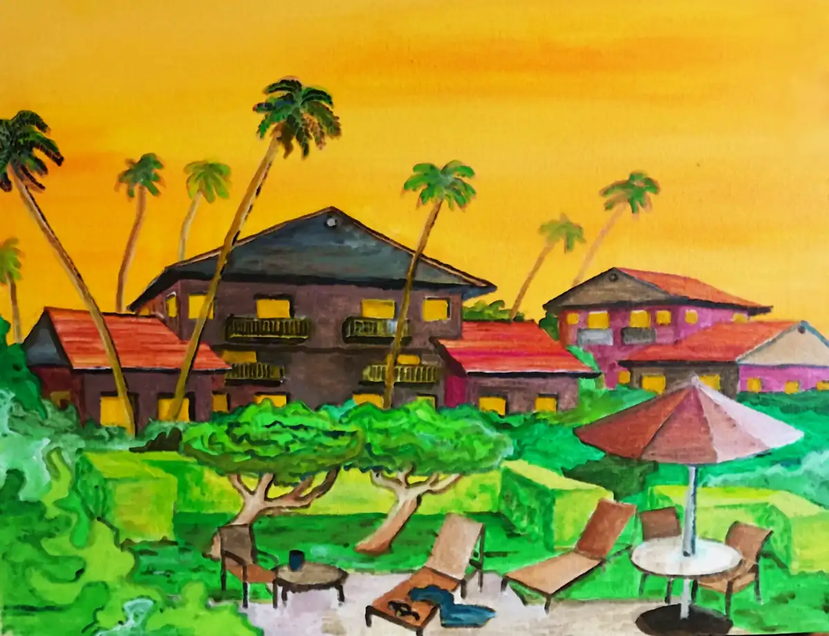 A colorful, childlike painting depicts a tropical resort scene with palm trees, multi-story buildings, green bushes, and…