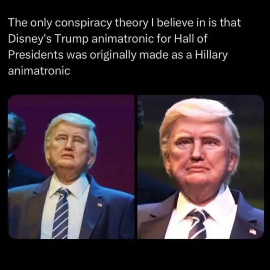 The image displays two side-by-side photos of the same Disney animatronic figure of Donald Trump from the Hall of Presidents…