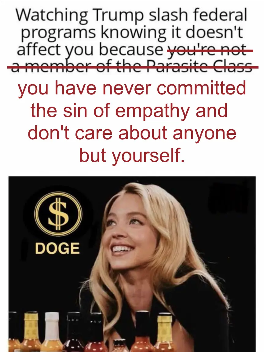 The image shows a woman with blonde hair smiling while looking upward, standing in front of a backdrop with a dollar sign…