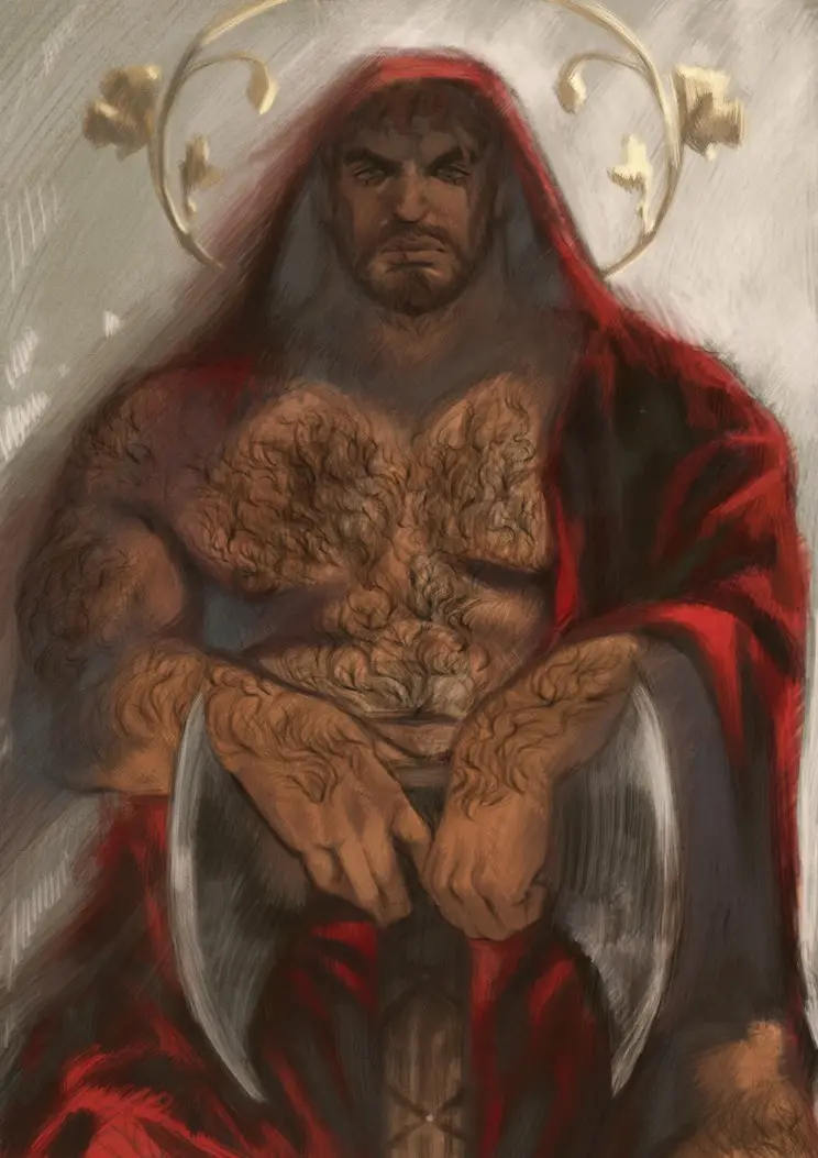 A muscular, bearded man with a stern expression wears a red hooded robe and holds a large, curved blade. A golden halo with…