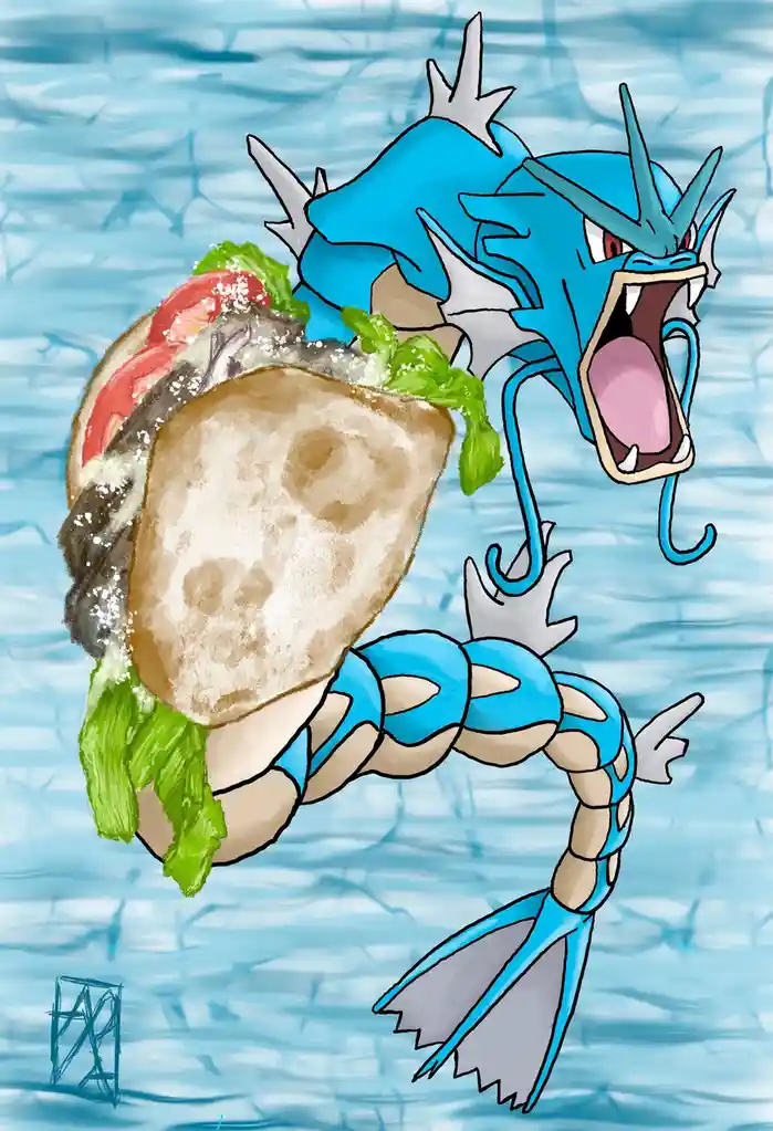 A blue, spiky, dragon-like Pokémon with a braided tail is depicted underwater, holding a large burger in its mouth. The…