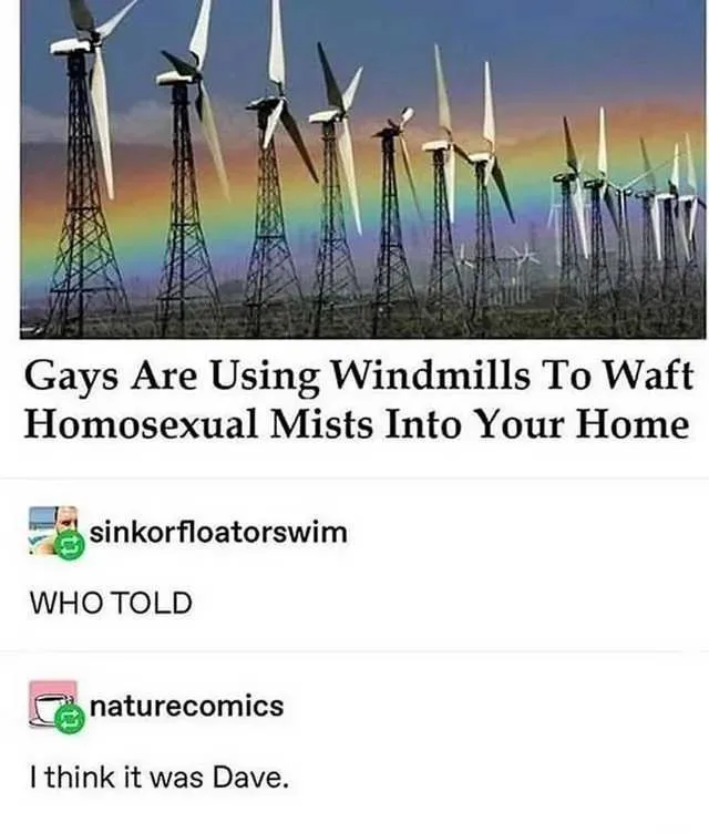 The image shows a row of wind turbines silhouetted against a sky with a rainbow. Overlaid text reads 'Gays Are Using…