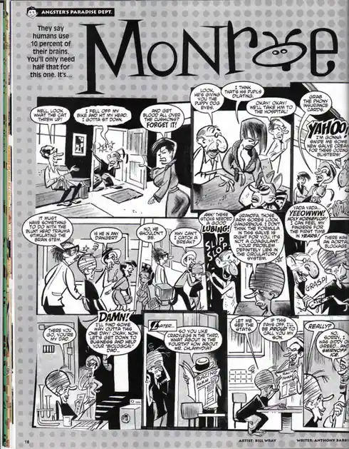 A black-and-white comic strip titled 'Monroe' from 'Angster's Paradise Dept.' depicts a man who falls off his bike, gets…