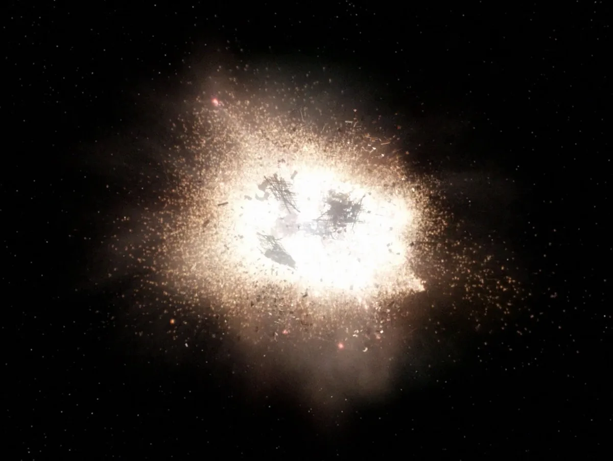 A bright, explosive cosmic event, resembling a supernova or stellar explosion, fills the center of a starry night sky…