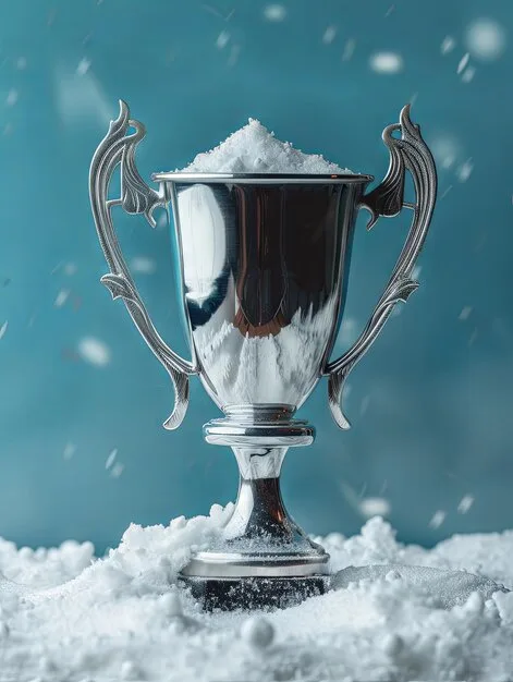 A shiny silver trophy with ornate handles sits in a snowy landscape, covered in snow on top and surrounded by snow on the…