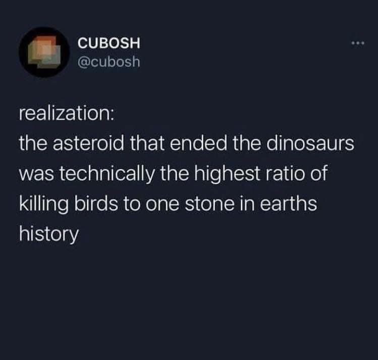 A dark-themed social media post by user CUBOSH shows white text on a black background. The text reads 'realization: the…
