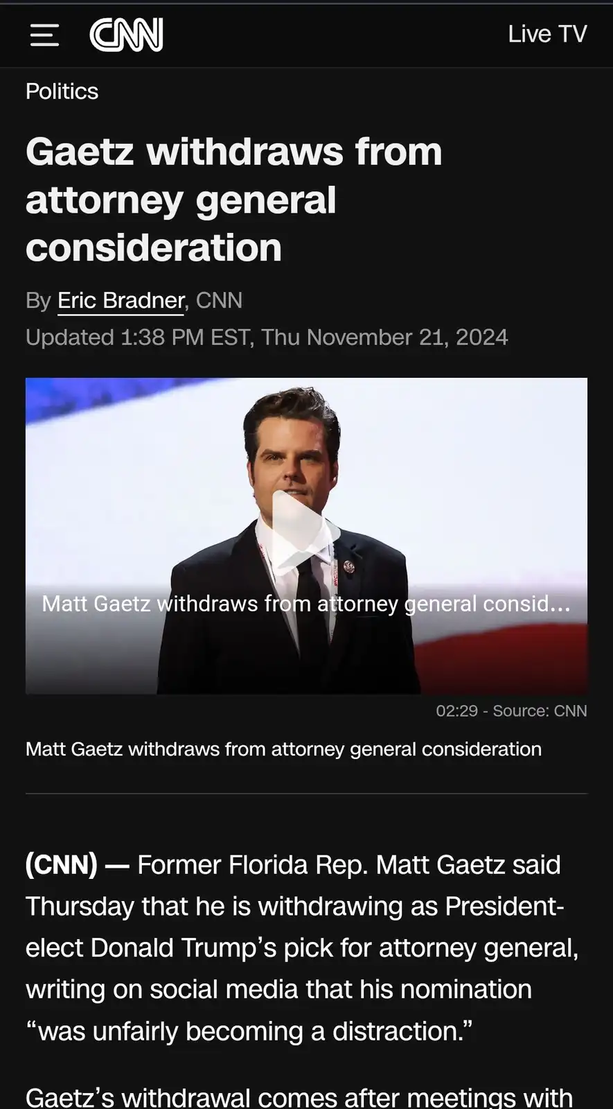 A screenshot of a CNN news article about Matt Gaetz withdrawing from consideration as attorney general, featuring a photo of…