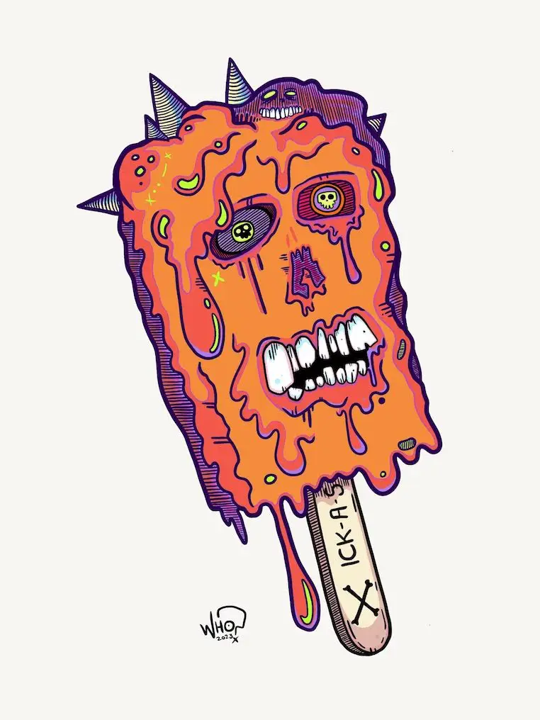 A cartoonish, melting orange popsicle with a demonic face, sharp spikes, and glowing eyes, dripping down a stick labeled…