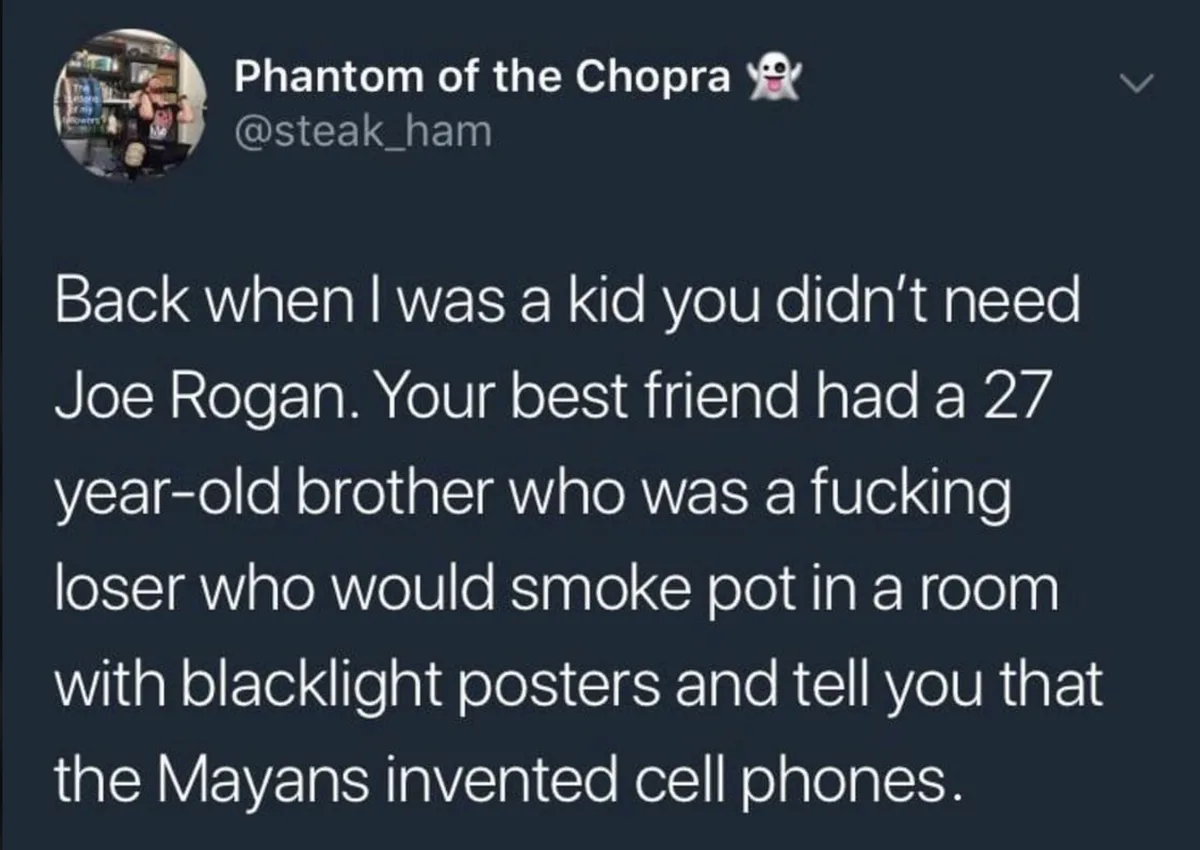 A screenshot of a tweet from 'Phantom of the Chopra' (@steak_ham) with white text on a dark background. The tweet humorously…