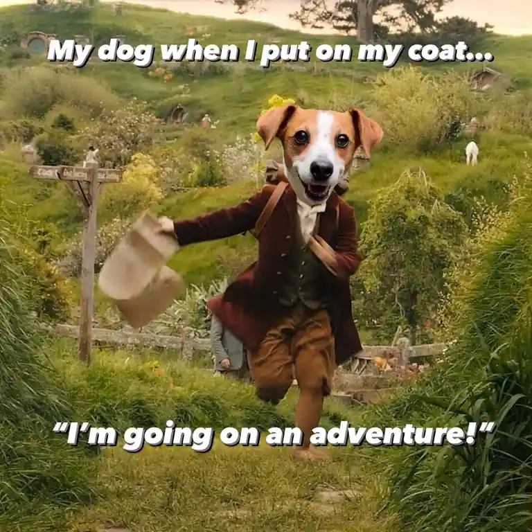 A dog's head is superimposed onto a human body dressed in a brown coat, vest, and shorts, standing in a grassy field with…