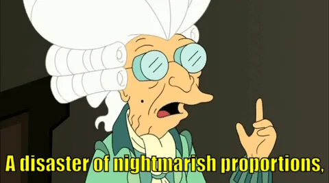 The image shows three panels of an animated character with a powdered wig and glasses, first gesturing dramatically while…