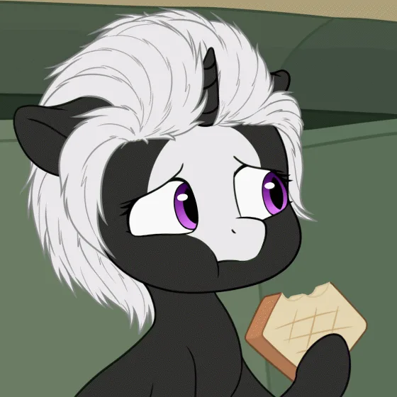 A six-panel grid shows a black-and-white cartoon pony with white hair and purple eyes holding a partially eaten waffle. In…