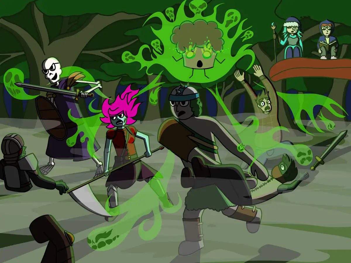 A cartoonish fantasy battle scene features a green-auraed, surprised-looking character with an afro and glowing eyes…