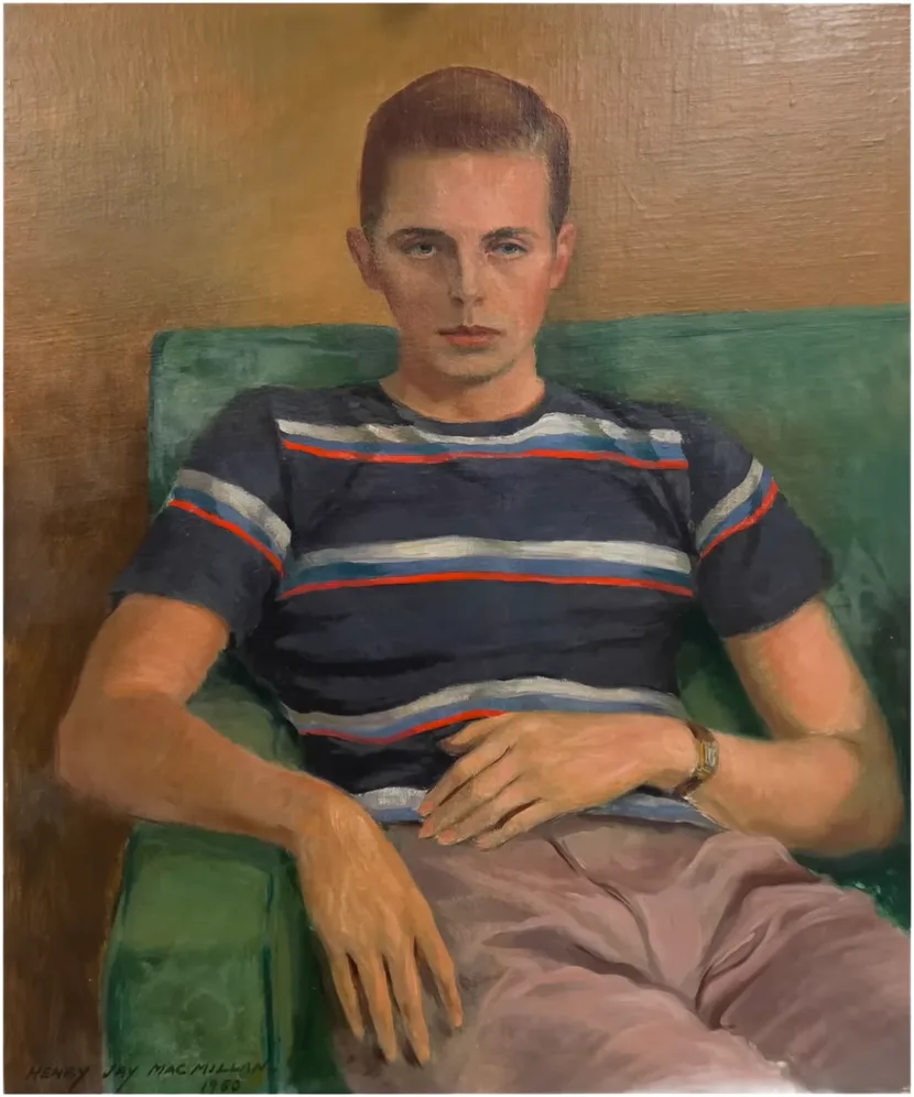 A vintage oil painting from 1980 by Henry Jay MacMillan depicts a young man with neat hair sitting in a green armchair…