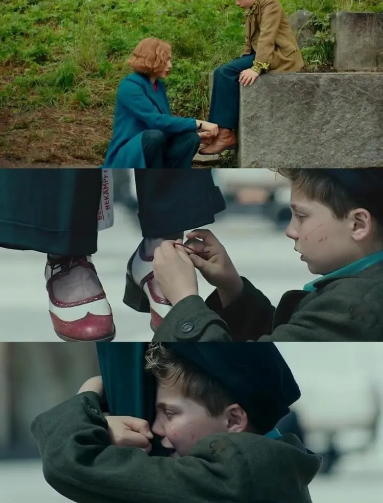 A three-panel image from a film showing a young boy helping a woman tie her shoes, then crying while she comforts him. The…