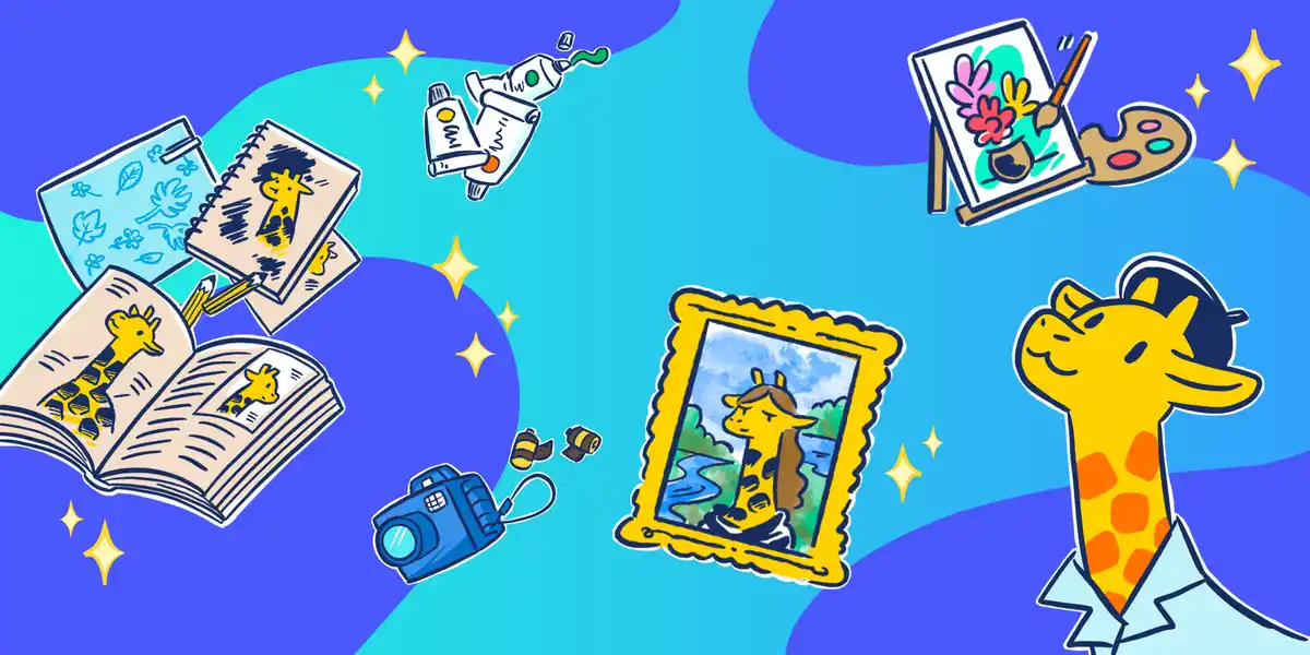 A colorful cartoon illustration shows a yellow giraffe wearing a black cap and light blue shirt, looking up proudly…