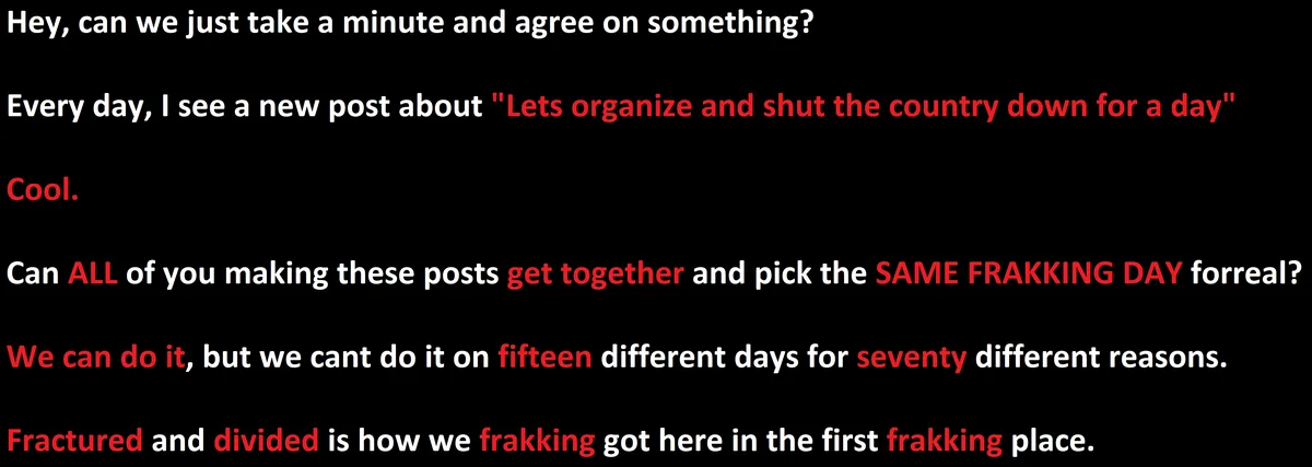 A black background with white and red text outlining a frustrated plea for unity. The text begins with a request to agree on…
