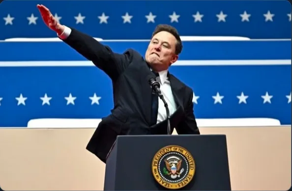 elon musk stands at a podium with the presidential seal, gesturing dramatically with his right arm raised, against a…