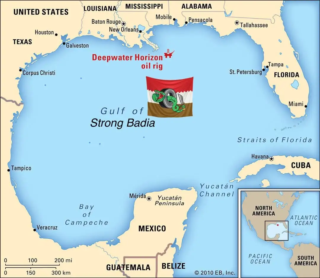 A map of the Gulf of Mexico region showing the Deepwater Horizon oil rig location, with the Gulf of Mexico humorously…