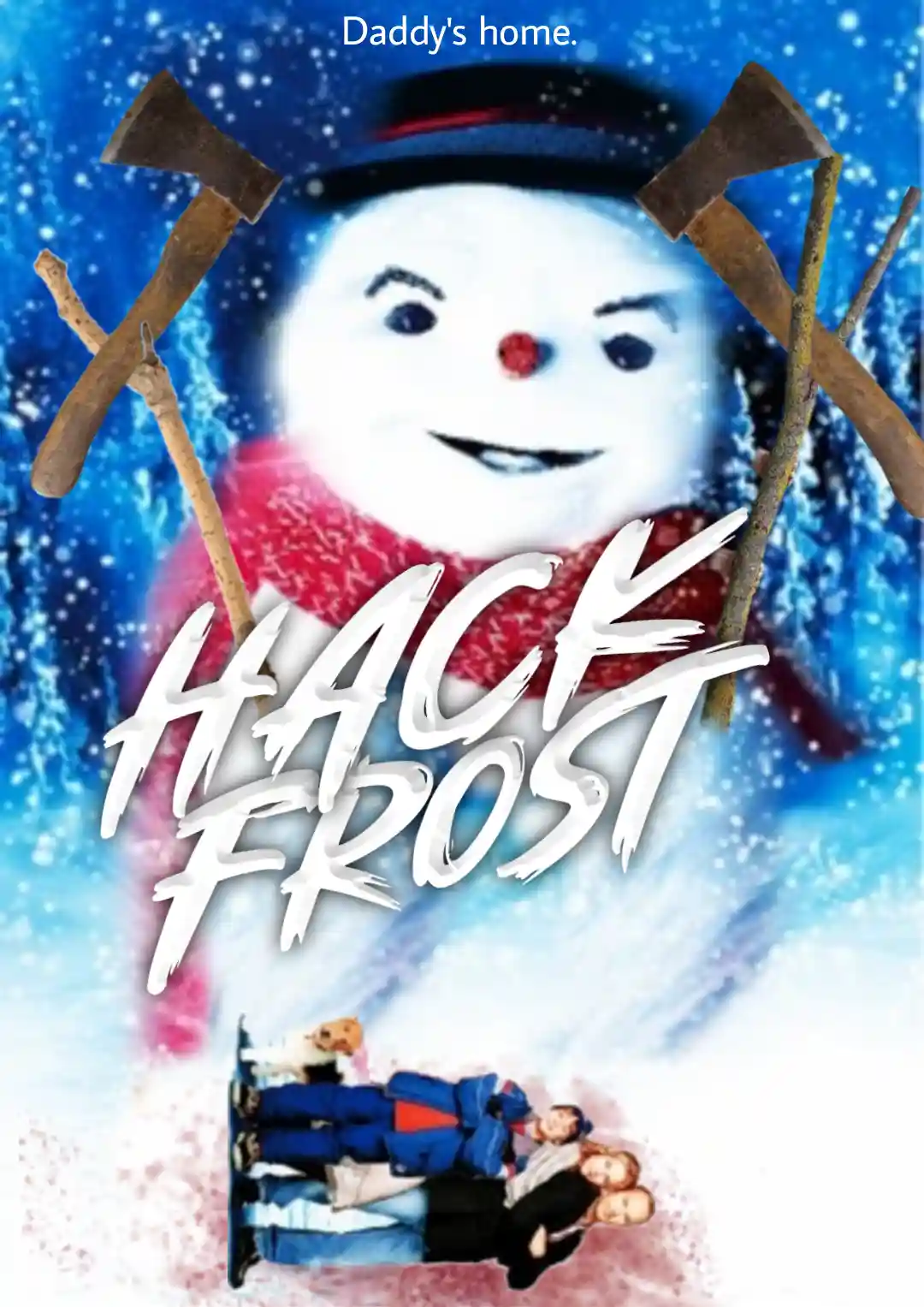 A snowman with a red scarf and black hat is shown against a snowy blue background, with two crossed axes positioned on…
