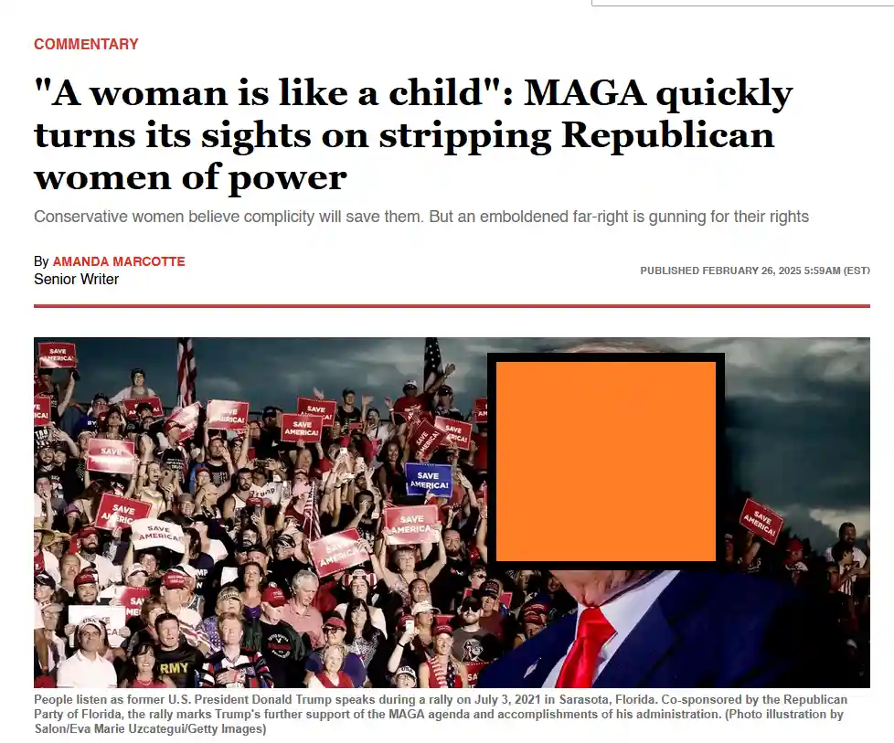A screenshot of a news article with a photo of a crowd at a Donald Trump rally, where many people hold 'SAVE AMERICA!'…