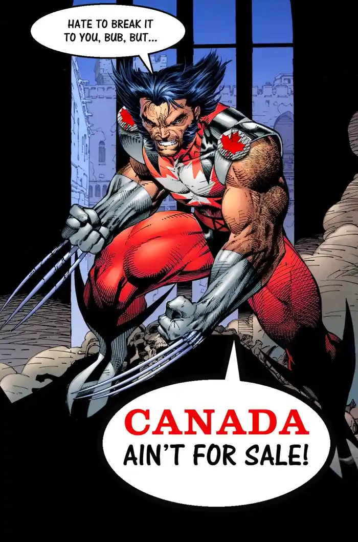 A comic book panel shows the superhero Wolverine in a Canadian-themed costume with red maple leaf accents, crouching…