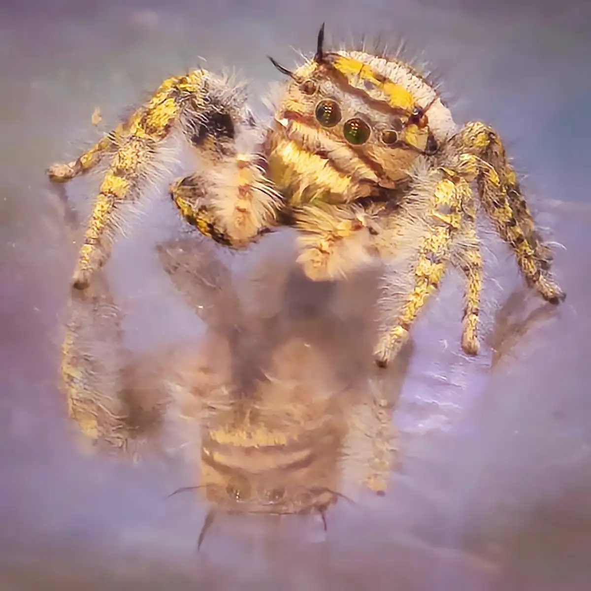 A close-up photo of a fuzzy, yellow-and-brown jumping spider with large, prominent eyes, standing on a reflective surface…