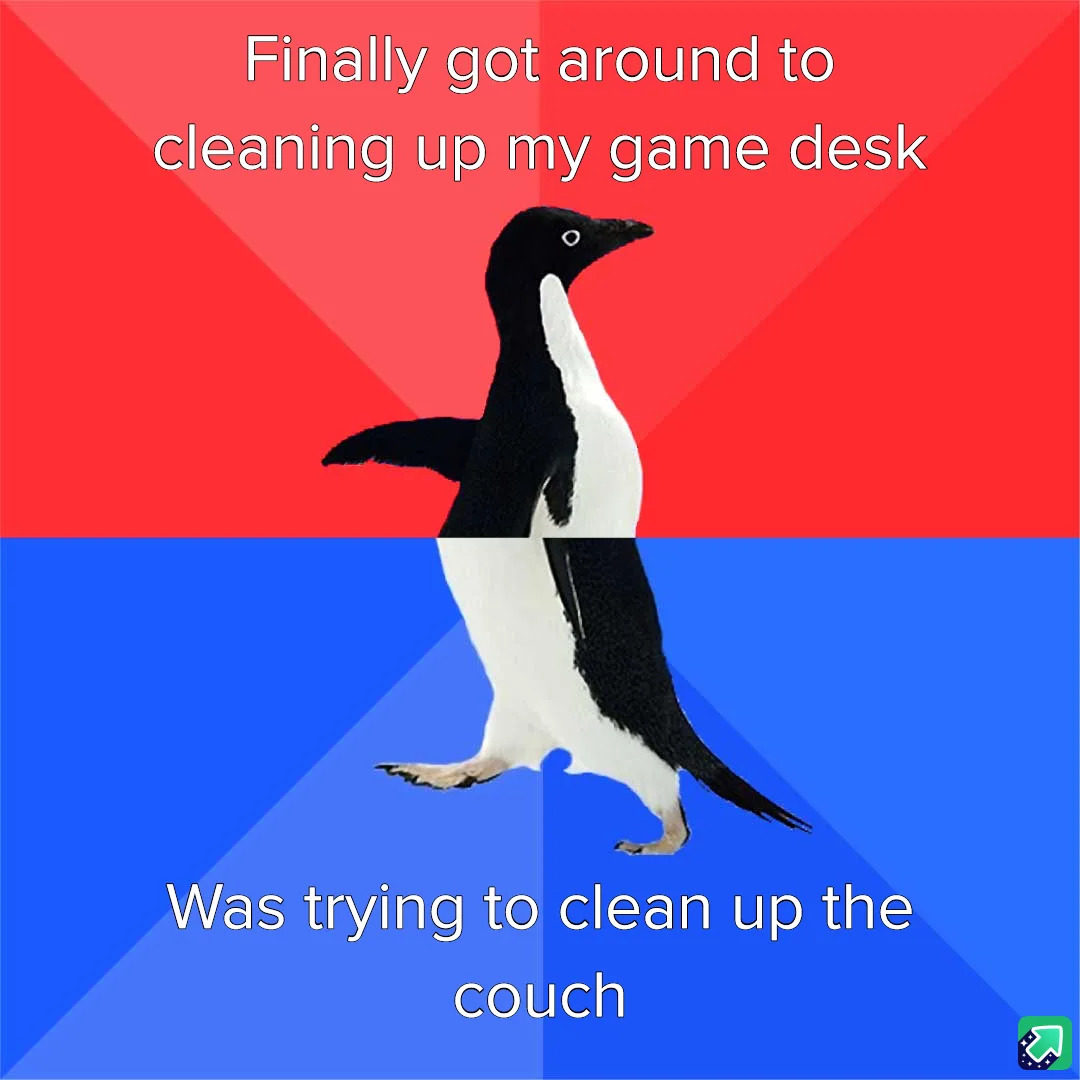 A penguin stands centered against a red and blue background split diagonally. White text at the top reads 'Finally got…