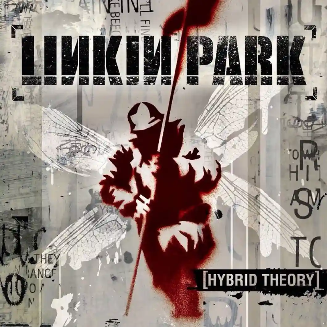 The image is the official album cover for Linkin Park's 'Hybrid Theory,' featuring a stylized red silhouette of an angelic…