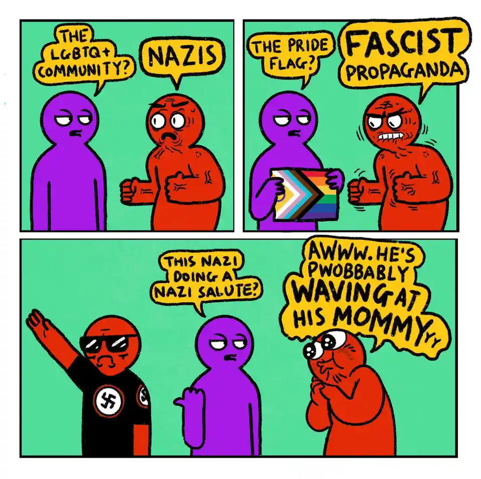 A three-panel comic shows a purple figure and a red figure. In the first panel, the red figure calls the LGBTQ+ community…